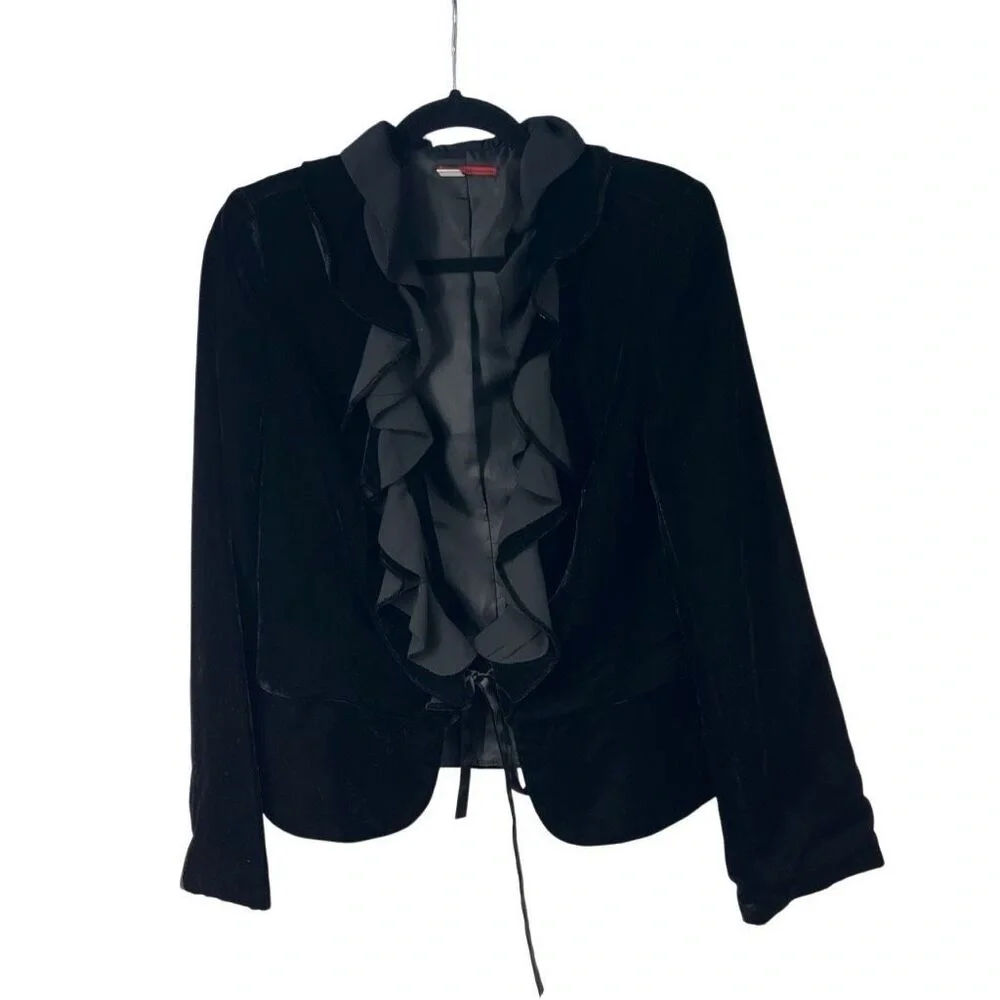 Anthropologie Black Velvet Crepe Ruffle Collar Tie Closure Blazer - Picture 1 of 8